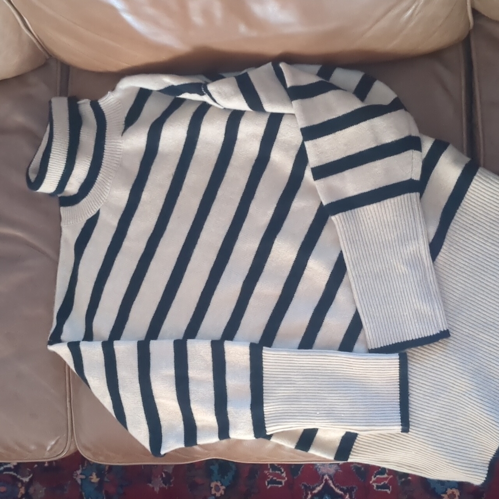 Reformation Black and Cream Striped Turtleneck Sweater